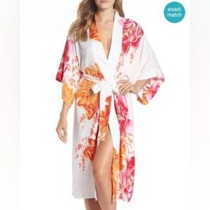 Natori Peony Floral Kimono Robe in White and Pink XL
